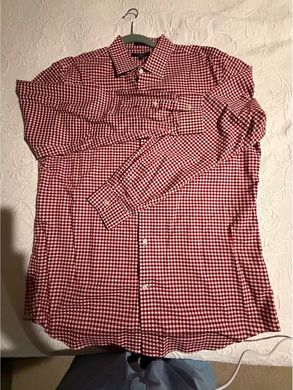 Banana Republic Men's Red and White Checkered Cotton Stretch